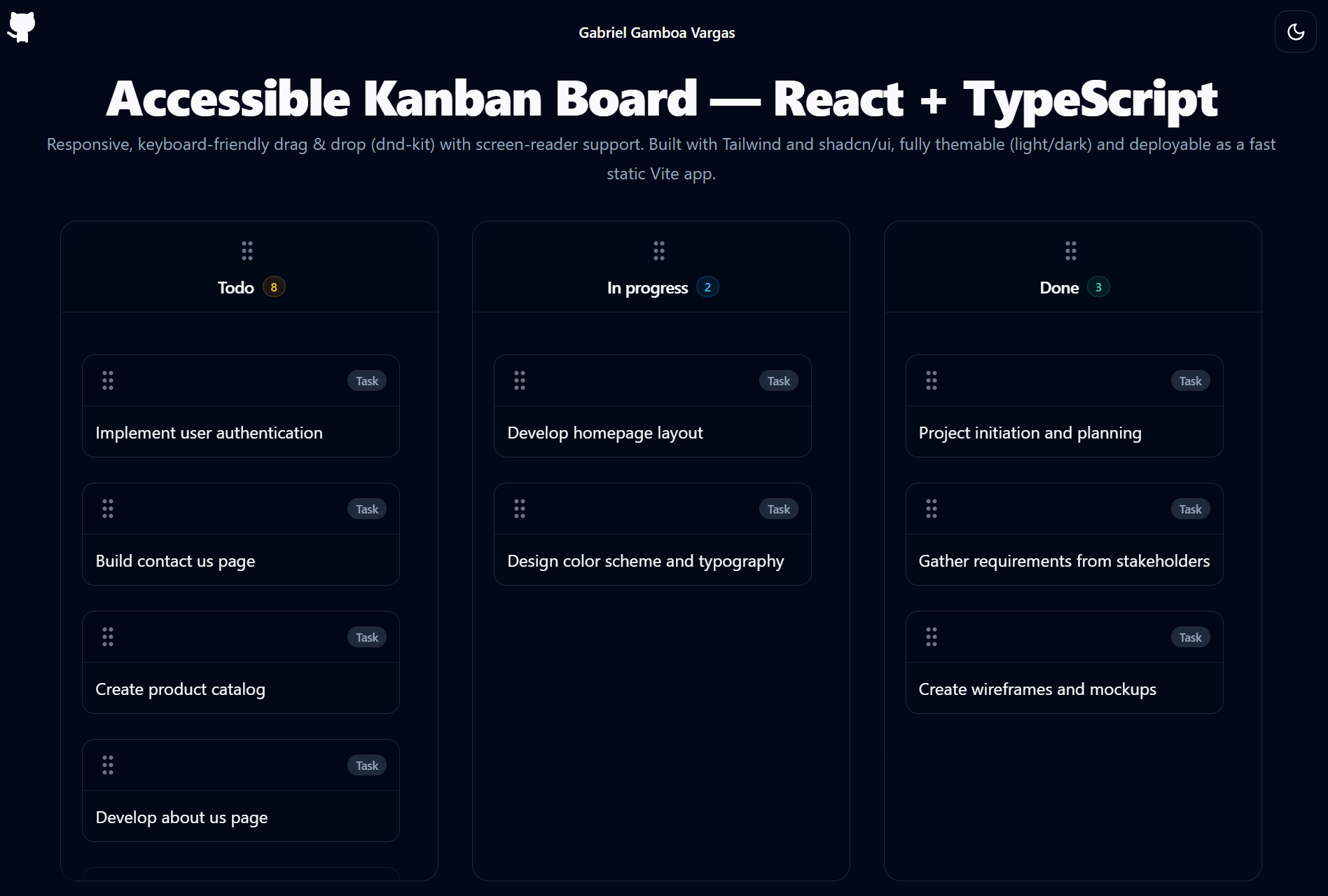 Screenshot: Accessible Kanban Board (React + TypeScript)